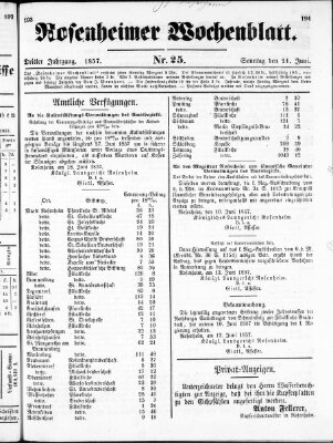 Rosenheimer Wochenblatt (Rosenheimer Anzeiger) Sonntag 21. Juni 1857