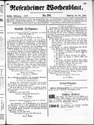 Rosenheimer Wochenblatt (Rosenheimer Anzeiger) Sonntag 28. Juni 1857