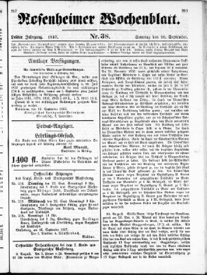 Rosenheimer Wochenblatt (Rosenheimer Anzeiger) Sonntag 20. September 1857