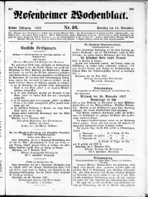 Rosenheimer Wochenblatt (Rosenheimer Anzeiger) Sonntag 15. November 1857