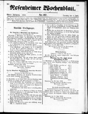 Rosenheimer Wochenblatt (Rosenheimer Anzeiger) Sonntag 4. Juli 1858