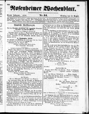 Rosenheimer Wochenblatt (Rosenheimer Anzeiger) Sonntag 22. August 1858