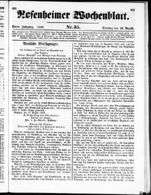 Rosenheimer Wochenblatt (Rosenheimer Anzeiger) Sonntag 29. August 1858