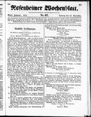 Rosenheimer Wochenblatt (Rosenheimer Anzeiger) Sonntag 12. September 1858