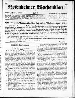 Rosenheimer Wochenblatt (Rosenheimer Anzeiger) Sonntag 19. Dezember 1858