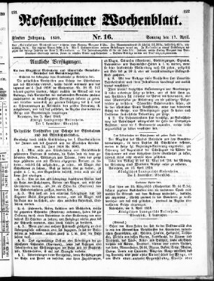 Rosenheimer Wochenblatt (Rosenheimer Anzeiger) Sonntag 17. April 1859