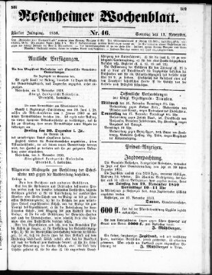 Rosenheimer Wochenblatt (Rosenheimer Anzeiger) Sonntag 13. November 1859