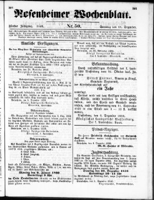 Rosenheimer Wochenblatt (Rosenheimer Anzeiger) Sonntag 11. Dezember 1859