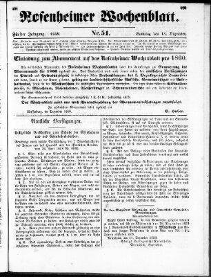 Rosenheimer Wochenblatt (Rosenheimer Anzeiger) Sonntag 18. Dezember 1859