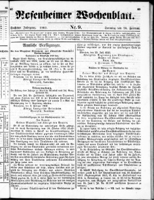 Rosenheimer Wochenblatt (Rosenheimer Anzeiger) Sonntag 26. Februar 1860