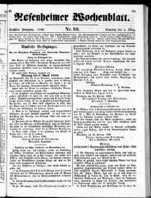 Rosenheimer Wochenblatt (Rosenheimer Anzeiger) Sonntag 4. März 1860