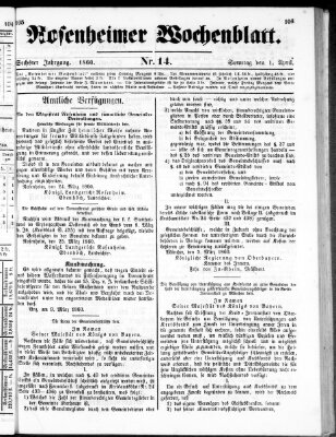 Rosenheimer Wochenblatt (Rosenheimer Anzeiger) Sonntag 1. April 1860