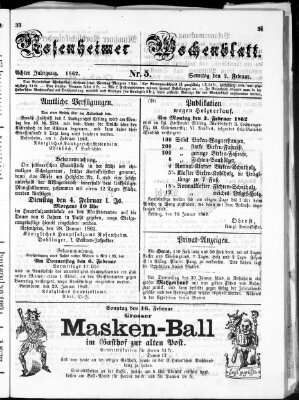 Rosenheimer Wochenblatt (Rosenheimer Anzeiger) Sonntag 2. Februar 1862