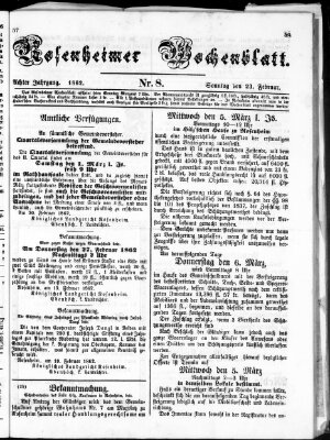 Rosenheimer Wochenblatt (Rosenheimer Anzeiger) Sonntag 23. Februar 1862