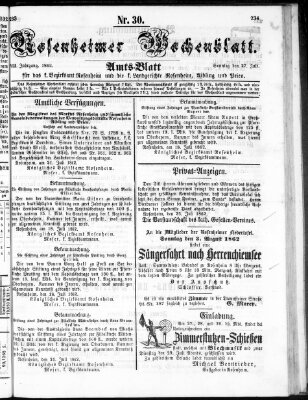 Rosenheimer Wochenblatt (Rosenheimer Anzeiger) Sonntag 27. Juli 1862