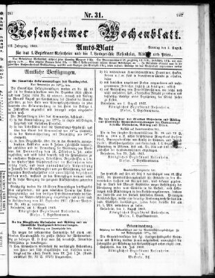 Rosenheimer Wochenblatt (Rosenheimer Anzeiger) Sonntag 3. August 1862