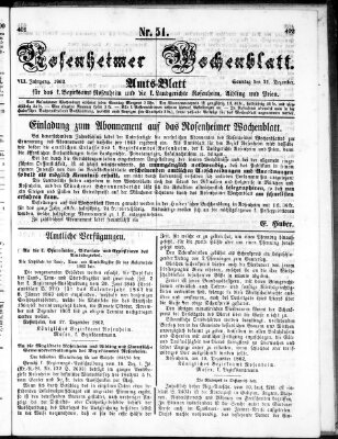 Rosenheimer Wochenblatt (Rosenheimer Anzeiger) Sonntag 21. Dezember 1862