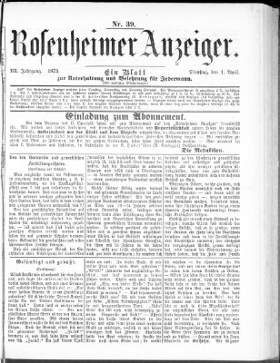 Rosenheimer Anzeiger Dienstag 1. April 1873