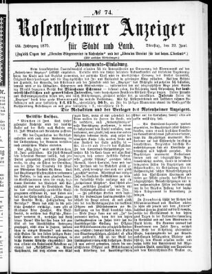 Rosenheimer Anzeiger Dienstag 22. Juni 1875