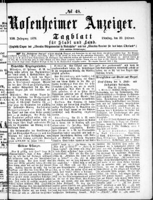 Rosenheimer Anzeiger Dienstag 29. Februar 1876