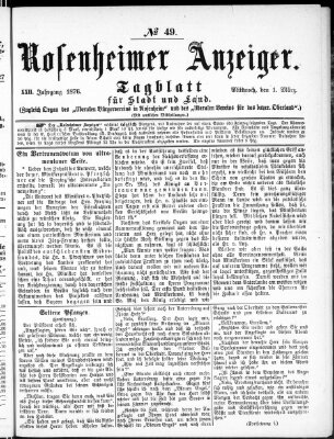 Rosenheimer Anzeiger Mittwoch 1. März 1876