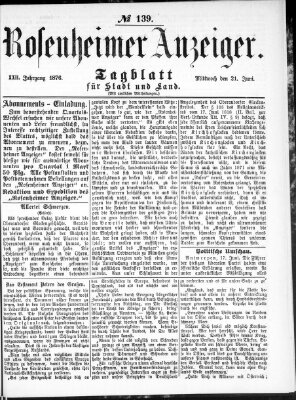 Rosenheimer Anzeiger Mittwoch 21. Juni 1876