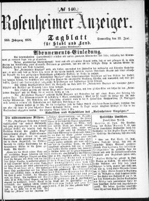 Rosenheimer Anzeiger Donnerstag 22. Juni 1876