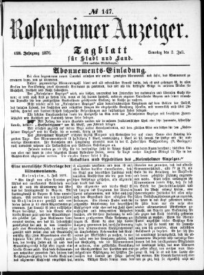 Rosenheimer Anzeiger Sonntag 2. Juli 1876