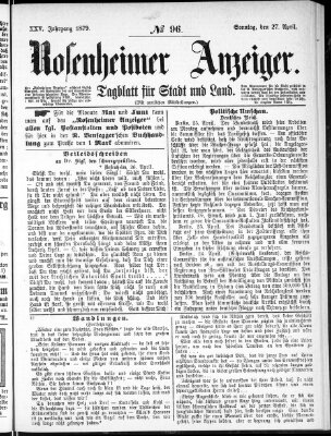 Rosenheimer Anzeiger Sonntag 27. April 1879