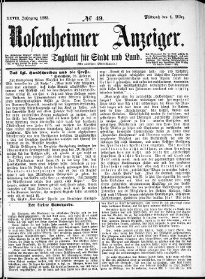 Rosenheimer Anzeiger Mittwoch 1. März 1882