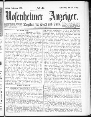 Rosenheimer Anzeiger Donnerstag 16. März 1882