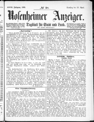 Rosenheimer Anzeiger Samstag 29. April 1882