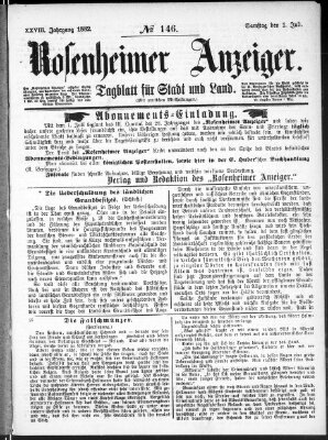 Rosenheimer Anzeiger Samstag 1. Juli 1882