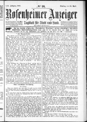 Rosenheimer Anzeiger Dienstag 29. April 1884