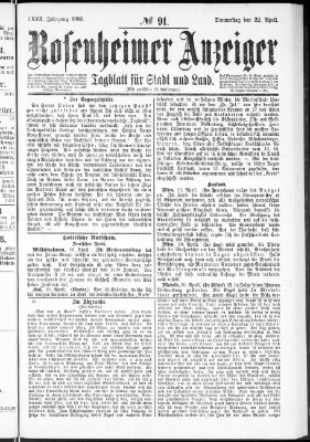 Rosenheimer Anzeiger Donnerstag 22. April 1886