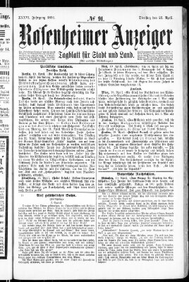 Rosenheimer Anzeiger Dienstag 22. April 1890