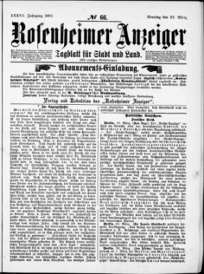 Rosenheimer Anzeiger Sonntag 22. März 1891