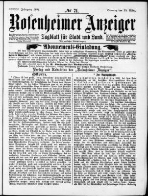 Rosenheimer Anzeiger Sonntag 29. März 1891