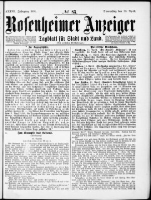 Rosenheimer Anzeiger Donnerstag 16. April 1891