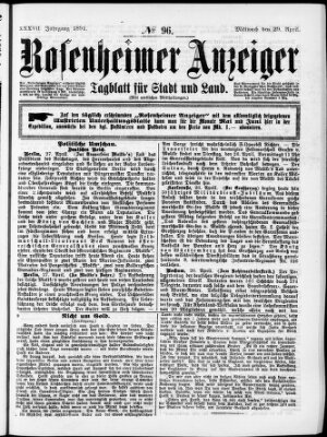 Rosenheimer Anzeiger Mittwoch 29. April 1891