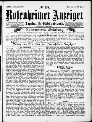 Rosenheimer Anzeiger Sonntag 21. Juni 1891