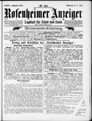 Rosenheimer Anzeiger Mittwoch 1. Juli 1891