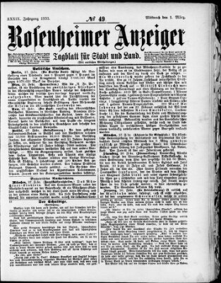 Rosenheimer Anzeiger Mittwoch 1. März 1893