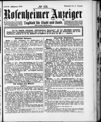 Rosenheimer Anzeiger Mittwoch 2. August 1893