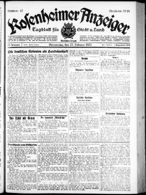 Rosenheimer Anzeiger Donnerstag 23. Februar 1922