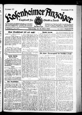 Rosenheimer Anzeiger Donnerstag 16. März 1922