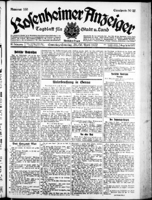 Rosenheimer Anzeiger Samstag 29. April 1922