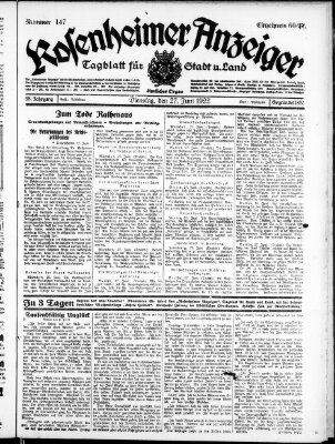 Rosenheimer Anzeiger Dienstag 27. Juni 1922