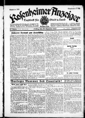 Rosenheimer Anzeiger Freitag 29. Dezember 1922