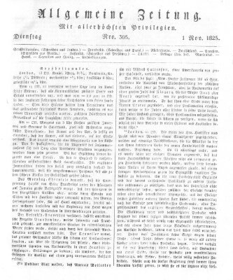 Allgemeine Zeitung Dienstag 1. November 1825